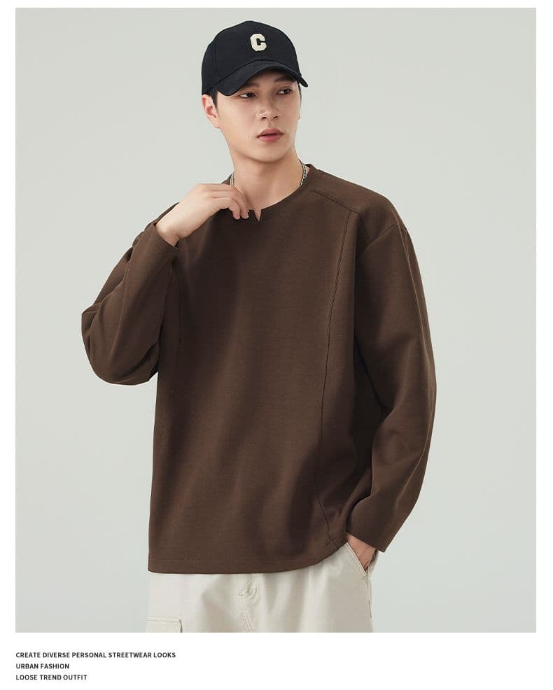 실사 가을 긴팔 티셔츠 남성 구조 섹션 라운드 넥 풀오버 루즈핏 티셔츠 무거운 다용도 트렌드 미니멀리즘 상세 이미지 17