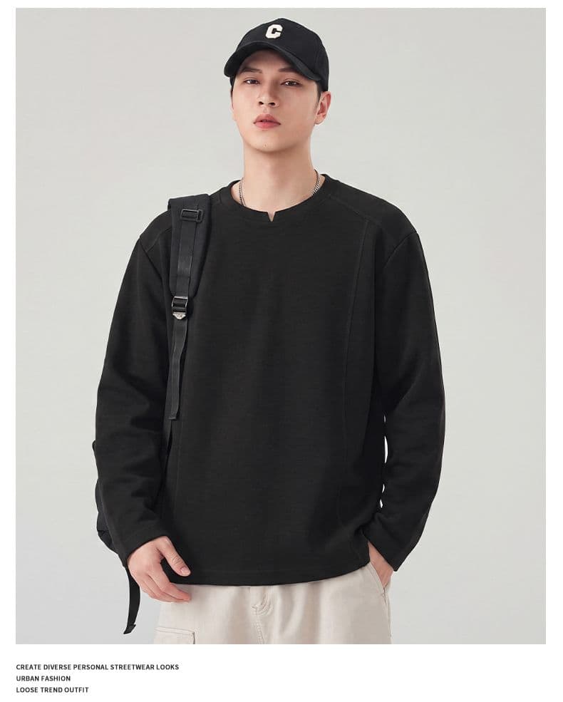 실사 가을 긴팔 티셔츠 남성 구조 섹션 라운드 넥 풀오버 루즈핏 티셔츠 무거운 다용도 트렌드 미니멀리즘 상세 이미지 21
