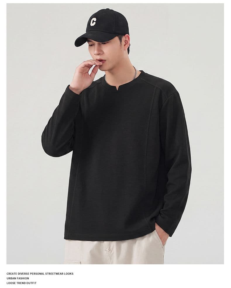 실사 가을 긴팔 티셔츠 남성 구조 섹션 라운드 넥 풀오버 루즈핏 티셔츠 무거운 다용도 트렌드 미니멀리즘 상세 이미지 23