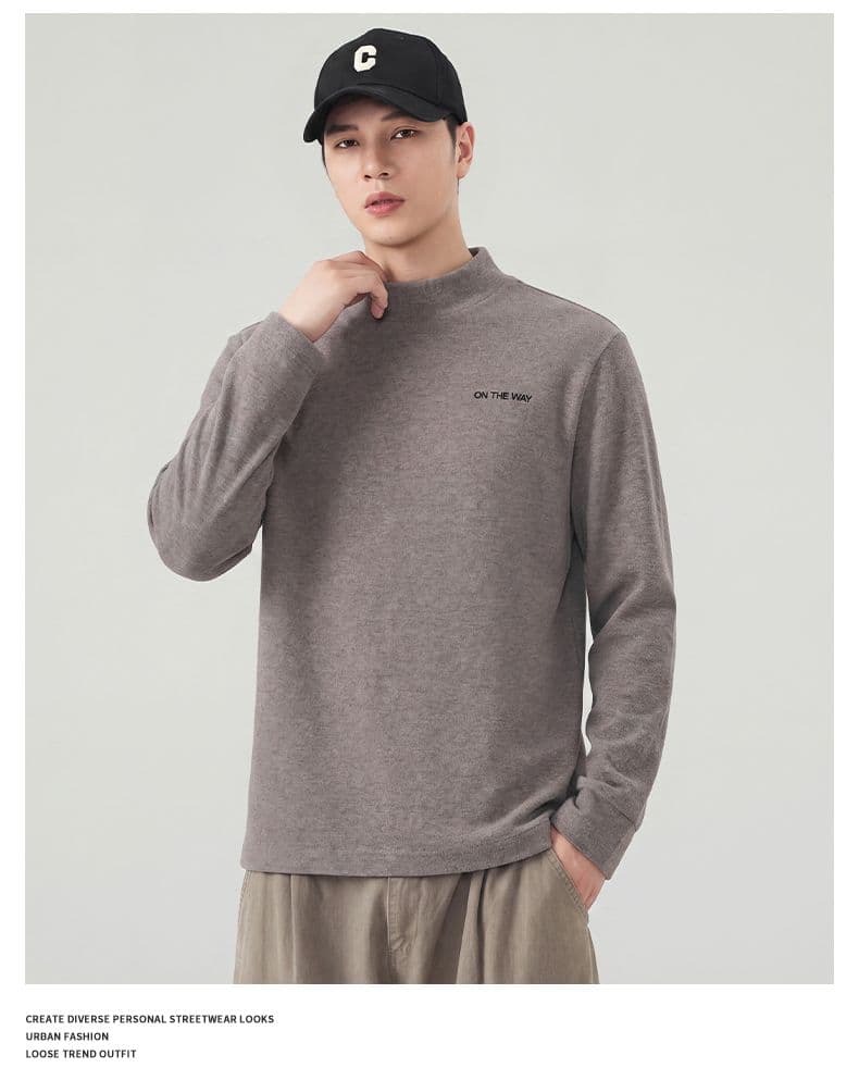 실사 가을 새로운 스탠드 칼라 작은 네클라인 단색 무거운 긴팔 티셔츠 남성 일본식 레트로 양모 동정 상세 이미지 12