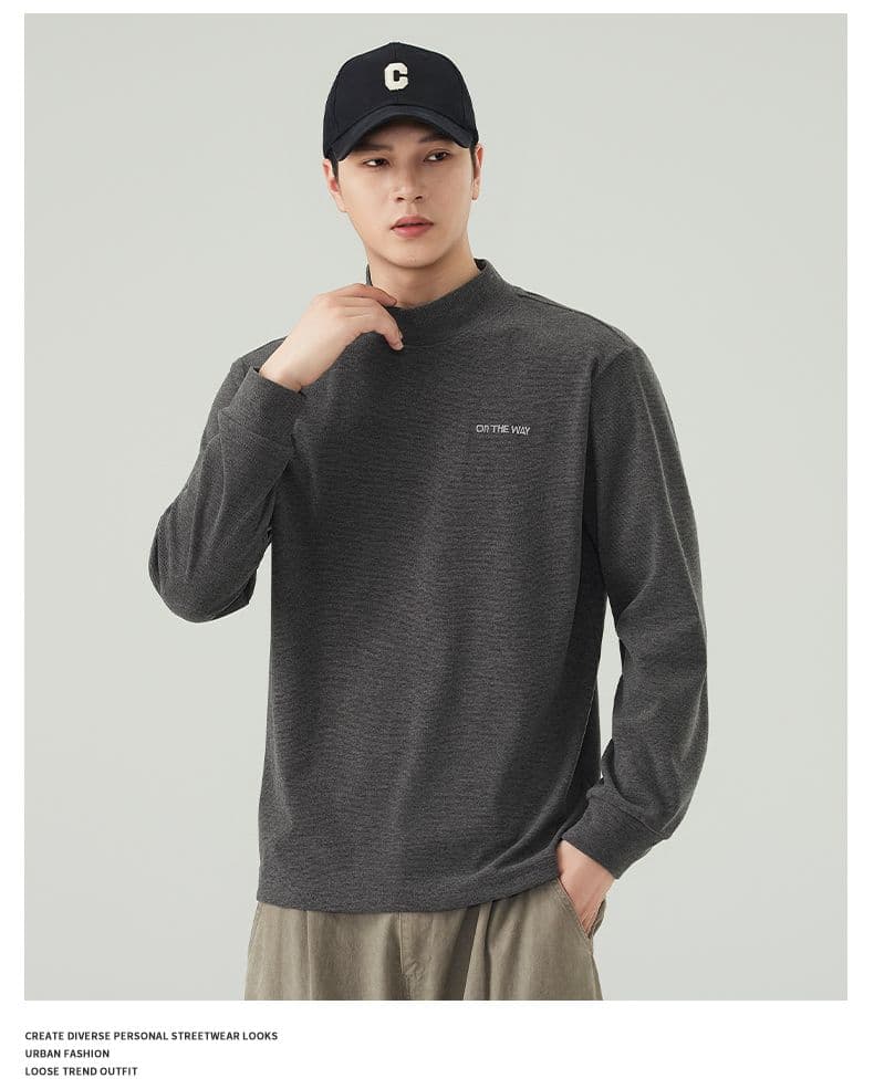실사 가을 새로운 스탠드 칼라 작은 네클라인 단색 무거운 긴팔 티셔츠 남성 일본식 레트로 양모 동정 상세 이미지 16