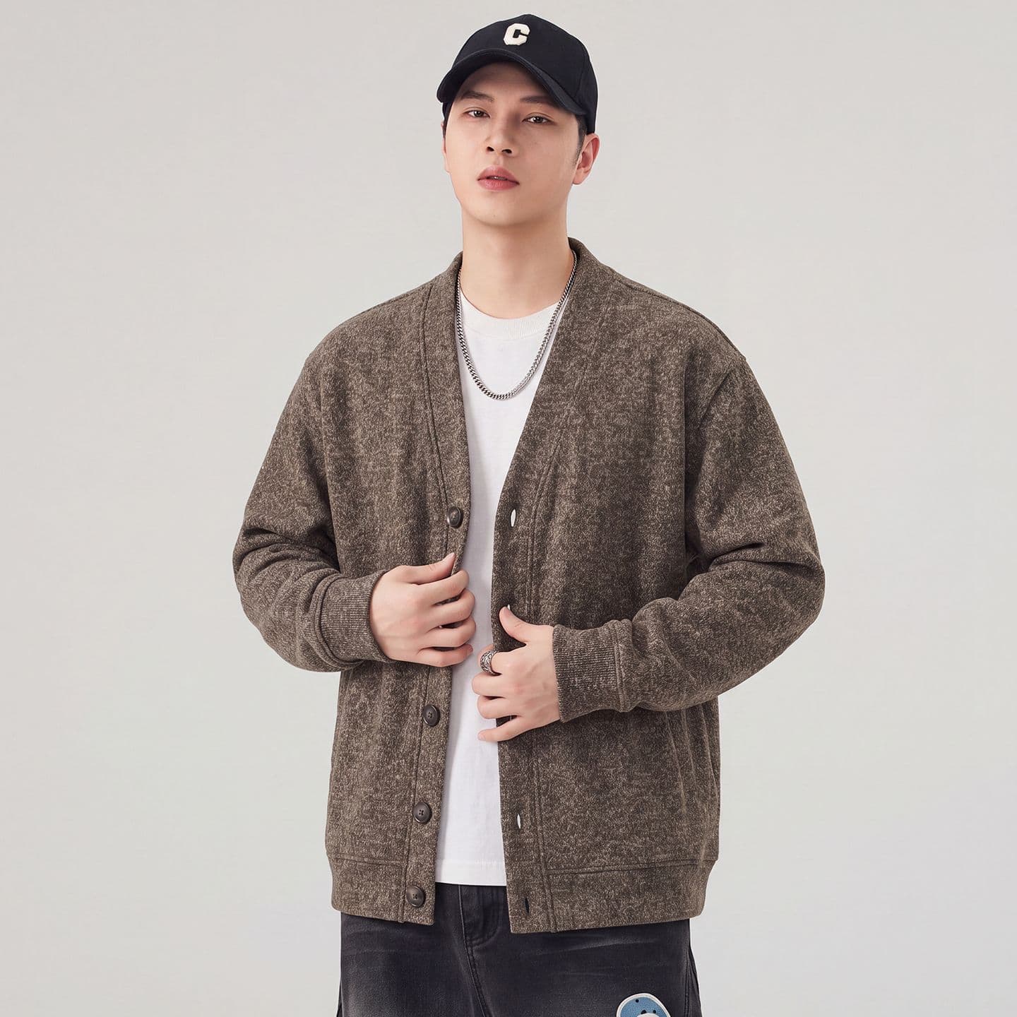실사 가을 겨울 새로운 오픈 가디건 니트 후드티 남자 무거운 V넥 일본식 레트로 스웨터 코트 남성 자켓 이미지 2