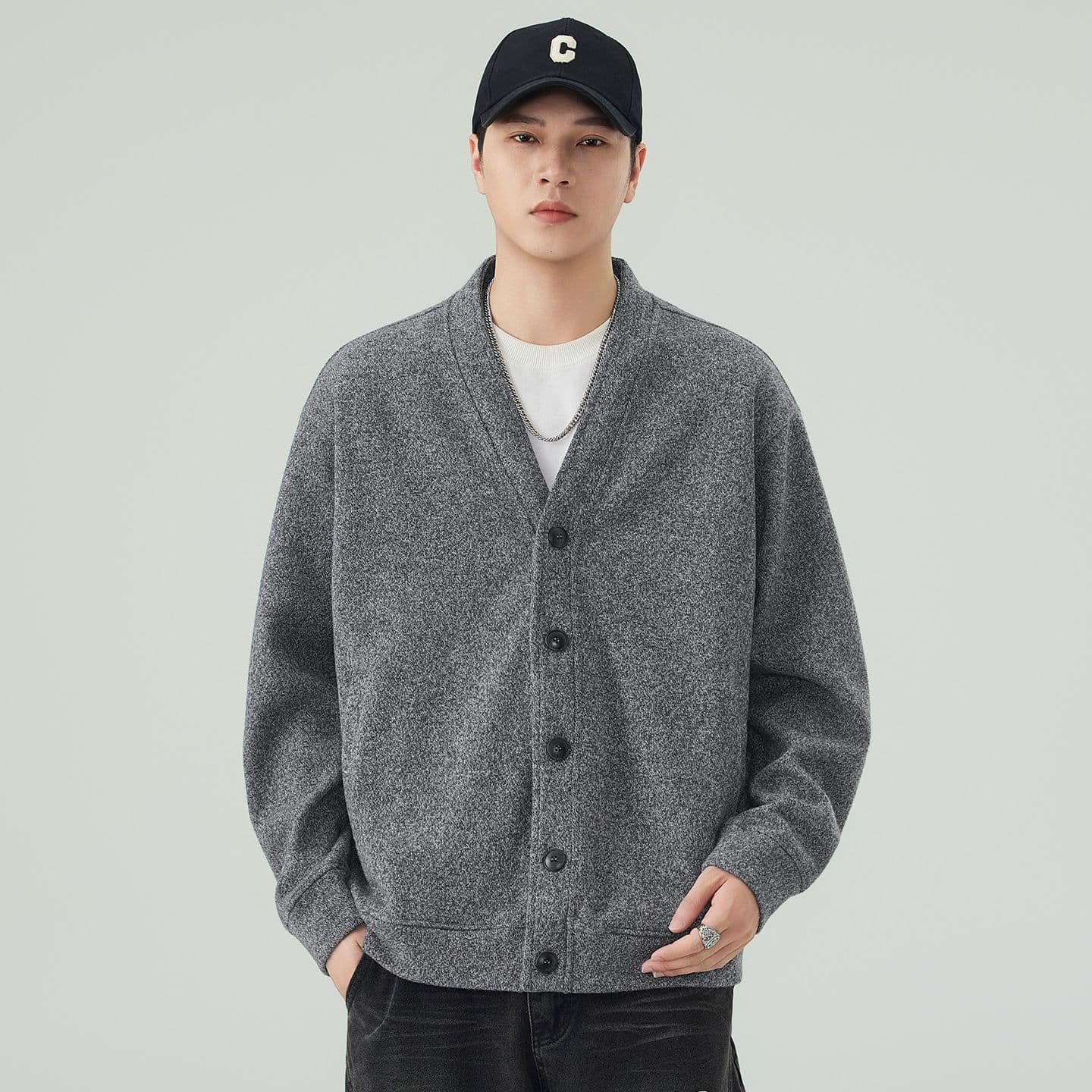실사 가을 겨울 새로운 오픈 가디건 니트 후드티 남자 무거운 V넥 일본식 레트로 스웨터 코트 남성 자켓 이미지 3