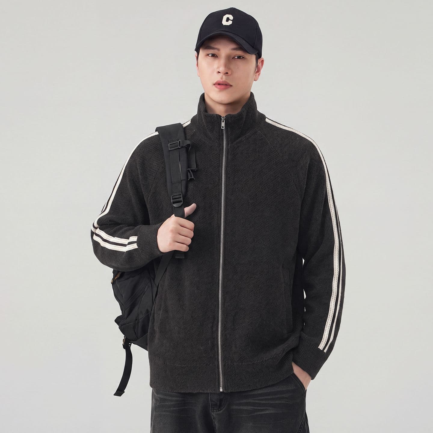 실사 가을 겨울 새로운 지퍼 오픈 가디건 후드티 남성 스탠드 칼라 일본식 레트로 캐주얼 출퇴근 재킷 트렌드 재킷 이미지 3