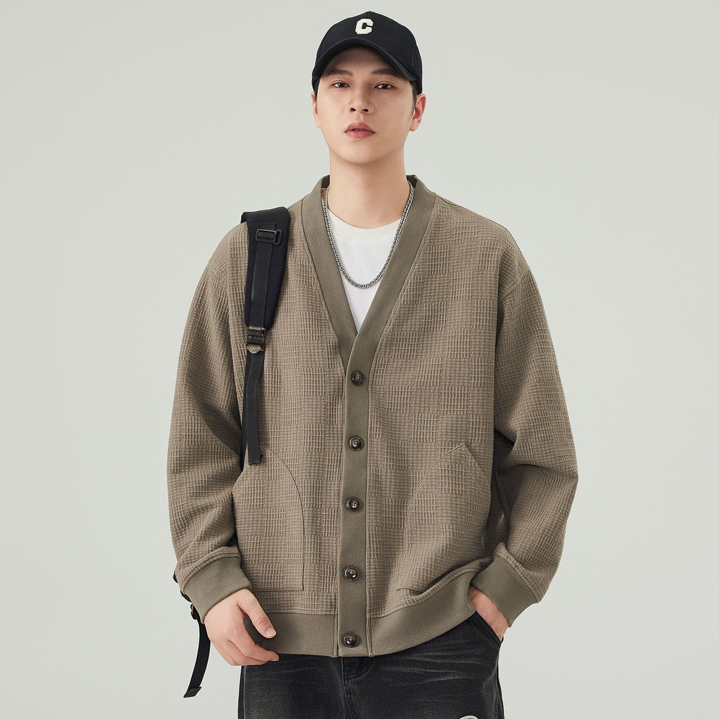 실사 가을 겨울 새로운 오픈 가디건 후드티 남성 무거운 V넥 단추 재킷 아메리칸 무거운 트렌드 출퇴근 재킷 이미지 3