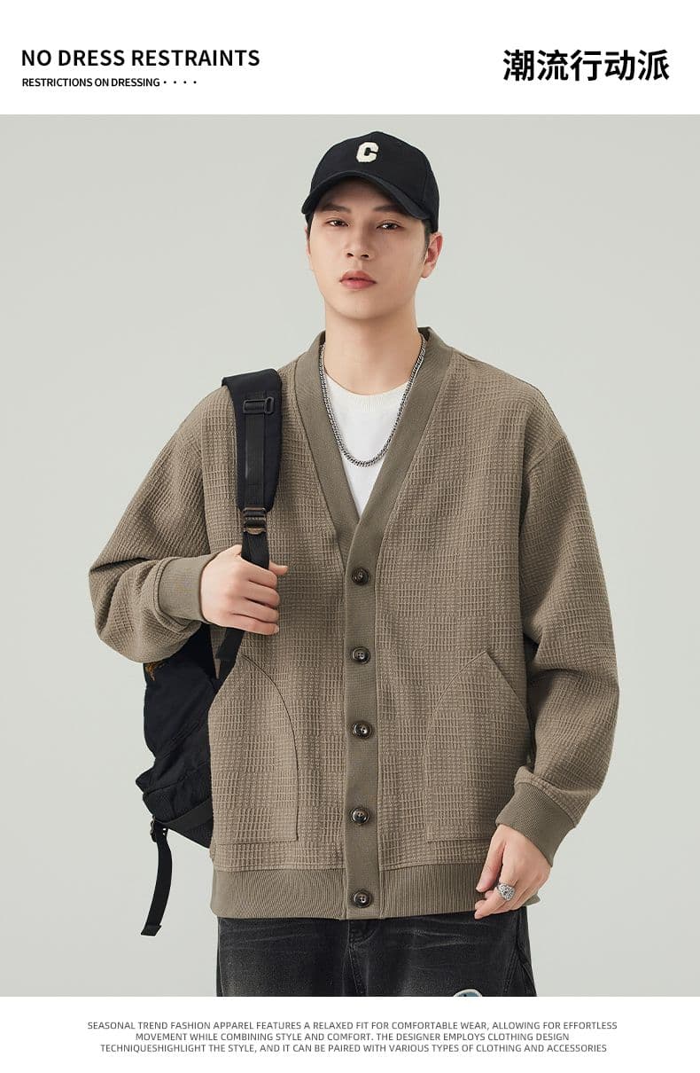 실사 가을 겨울 새로운 오픈 가디건 후드티 남성 무거운 V넥 단추 재킷 아메리칸 무거운 트렌드 출퇴근 재킷 상세 이미지 1