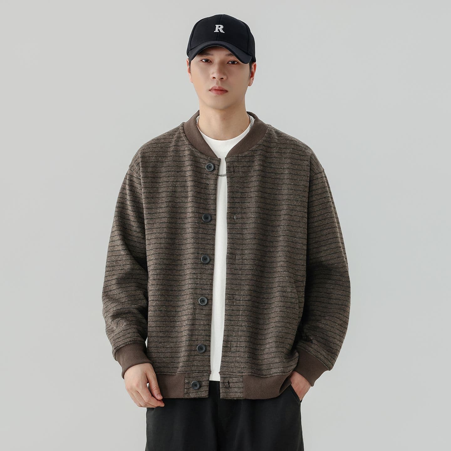 실사 가을 겨울 새로운 스트라이프 후드티 남자 아메리칸 무거운 단추 카디건 코트 V넥 트렌드 다용도 자켓