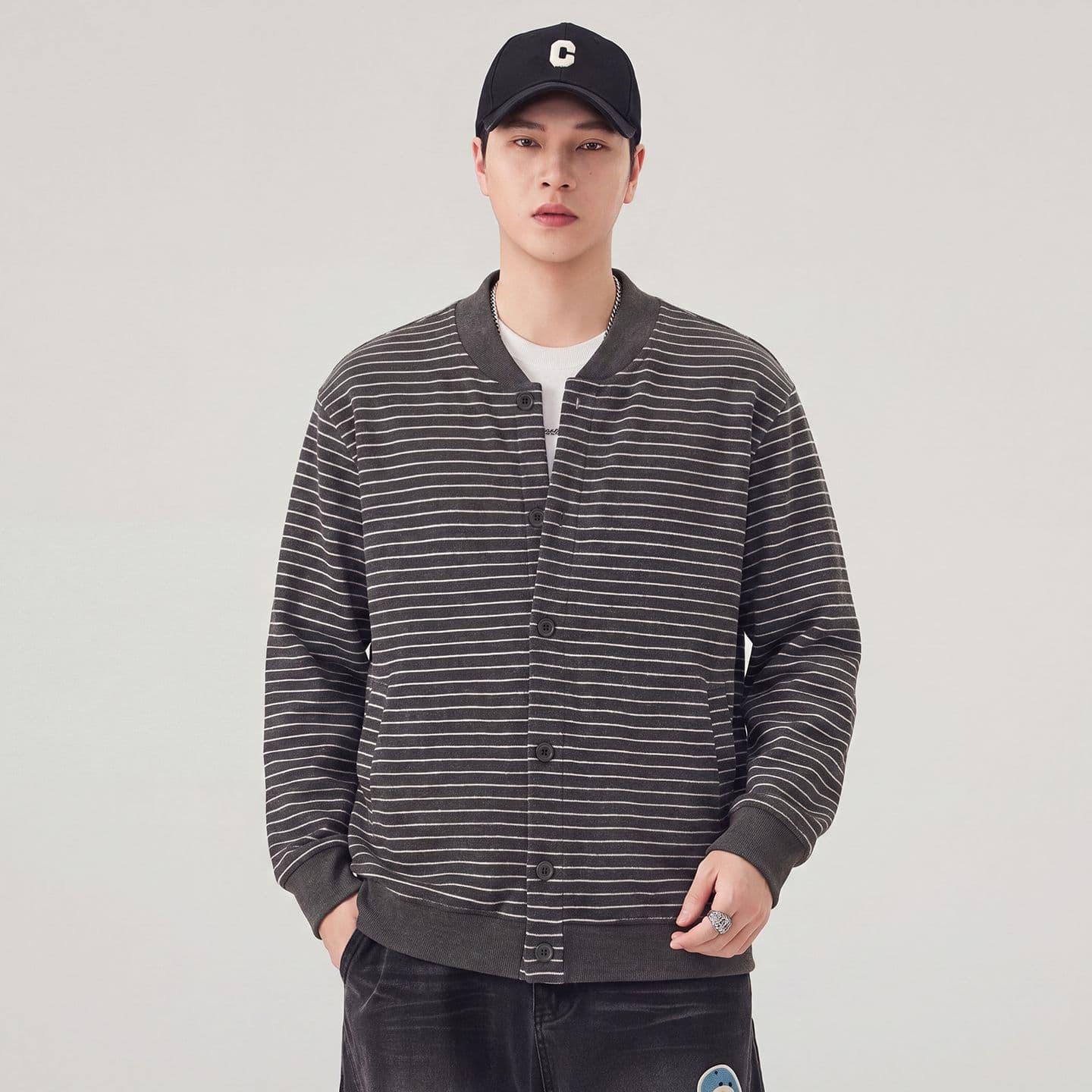 실사 가을 겨울 새로운 스트라이프 후드티 남자 아메리칸 무거운 단추 카디건 코트 V넥 트렌드 다용도 자켓 이미지 3