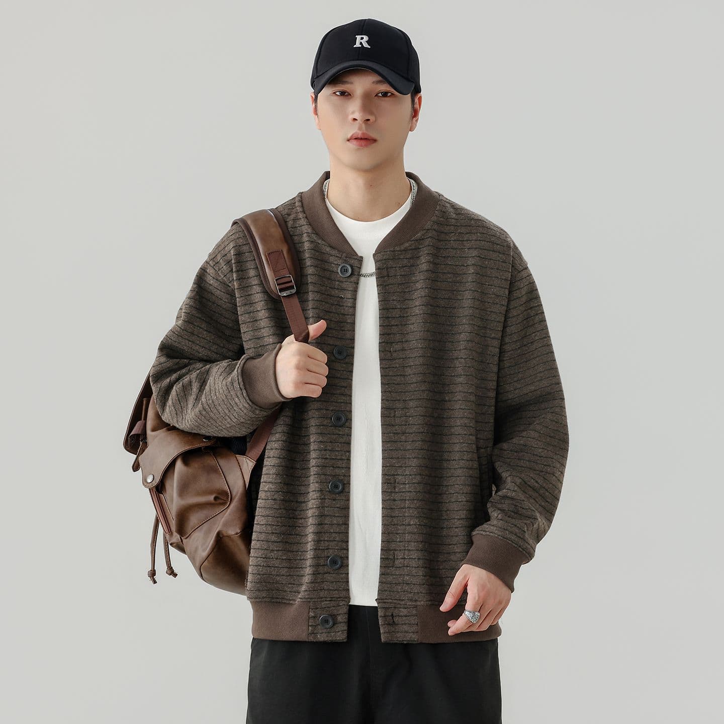 실사 가을 겨울 새로운 스트라이프 후드티 남자 아메리칸 무거운 단추 카디건 코트 V넥 트렌드 다용도 자켓 이미지 4