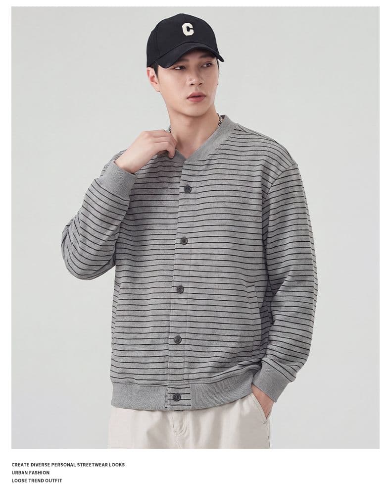 실사 가을 겨울 새로운 스트라이프 후드티 남자 아메리칸 무거운 단추 카디건 코트 V넥 트렌드 다용도 자켓 상세 이미지 11