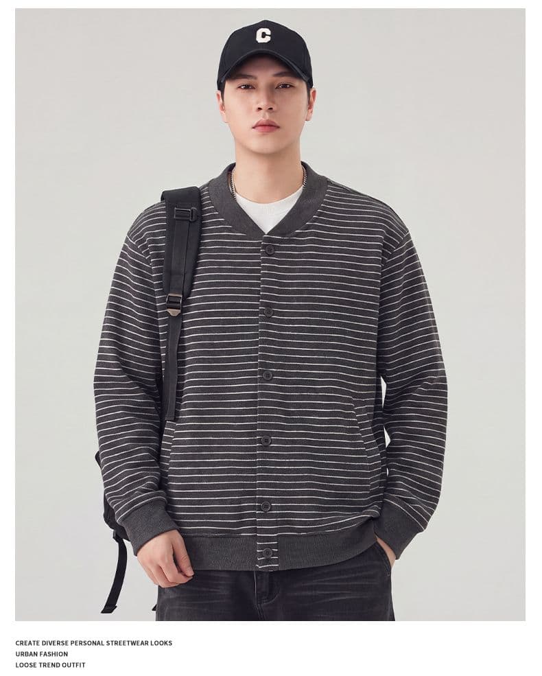 실사 가을 겨울 새로운 스트라이프 후드티 남자 아메리칸 무거운 단추 카디건 코트 V넥 트렌드 다용도 자켓 상세 이미지 16