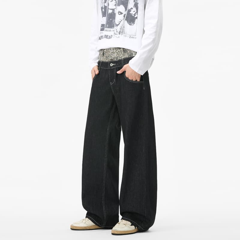 실사 서해안 패치워크 레오파드 무늬 더블 허리 머리 원본 청바지 남녀 아메리칸 baggy 스트레이트 캐주얼 긴 바지 이미지 3
