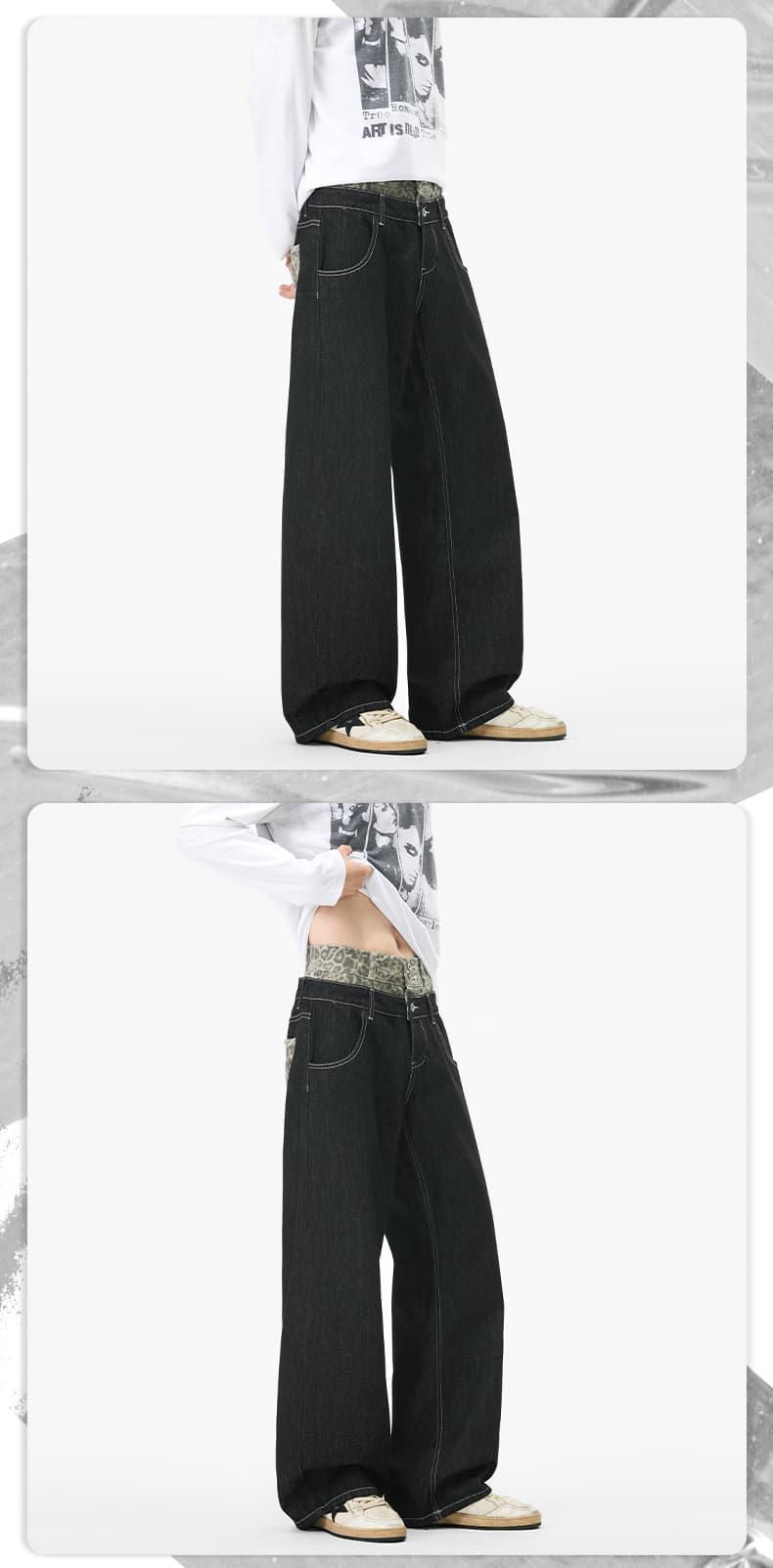 실사 서해안 패치워크 레오파드 무늬 더블 허리 머리 원본 청바지 남녀 아메리칸 baggy 스트레이트 캐주얼 긴 바지 상세 이미지 9