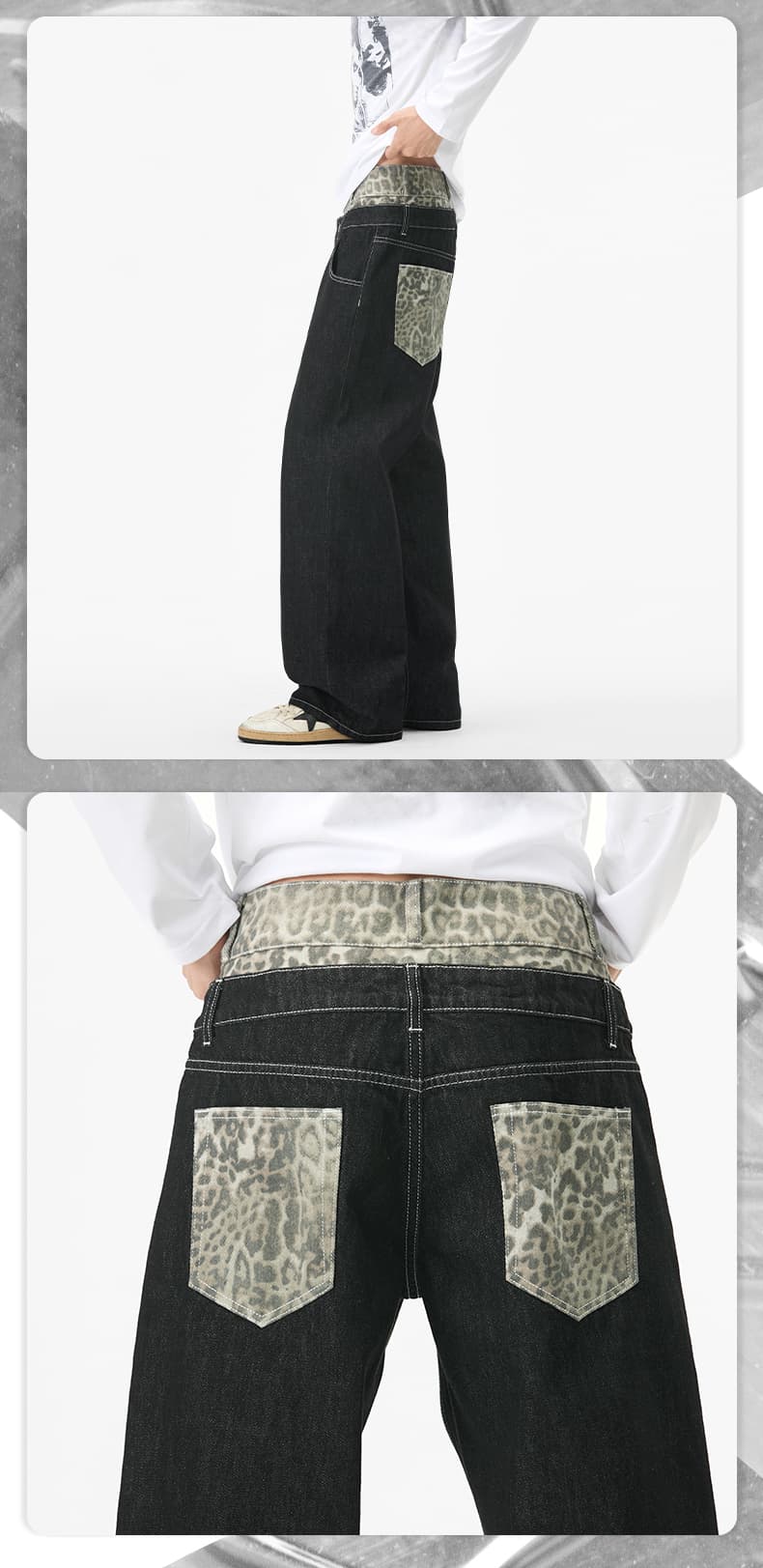 실사 서해안 패치워크 레오파드 무늬 더블 허리 머리 원본 청바지 남녀 아메리칸 baggy 스트레이트 캐주얼 긴 바지 상세 이미지 11