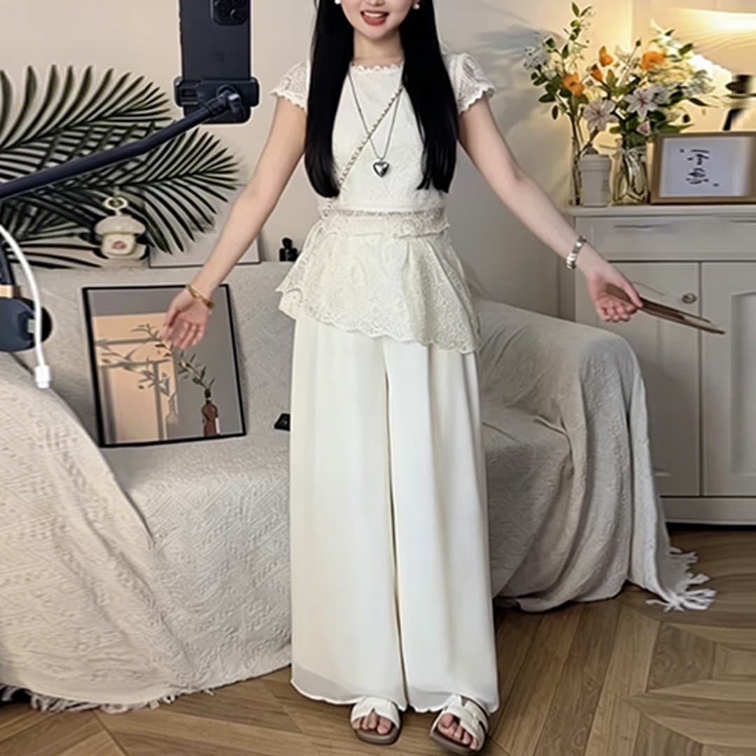 경관 그림 2026 여름 새로운 작은 키 반팔 품격 레이스 부드러운 바람 세트 디자인 센스 투피스 세트 이미지 3
