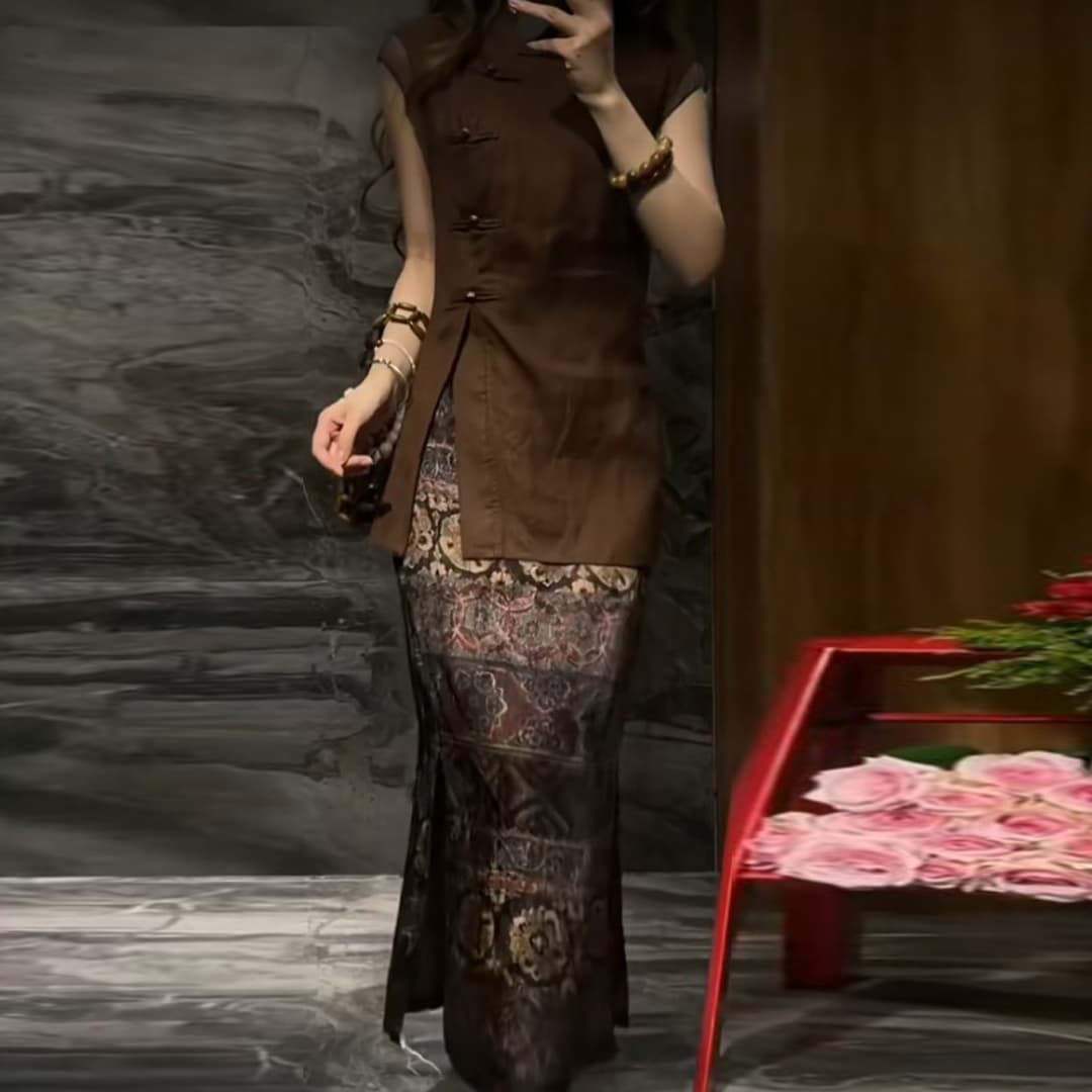 경관 그림 레트로 고급 센스 프린트 세트 여성 여름 새로운 민소매 맨위 반신 스커트 슬림해 보이는 투피스 세트 상세 이미지 1