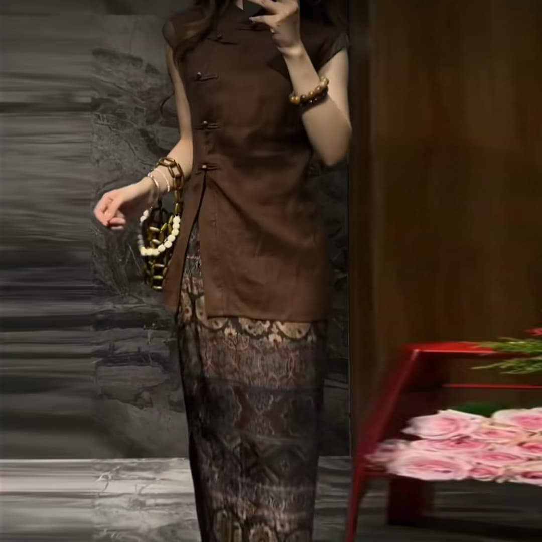 경관 그림 레트로 고급 센스 프린트 세트 여성 여름 새로운 민소매 맨위 반신 스커트 슬림해 보이는 투피스 세트 상세 이미지 3