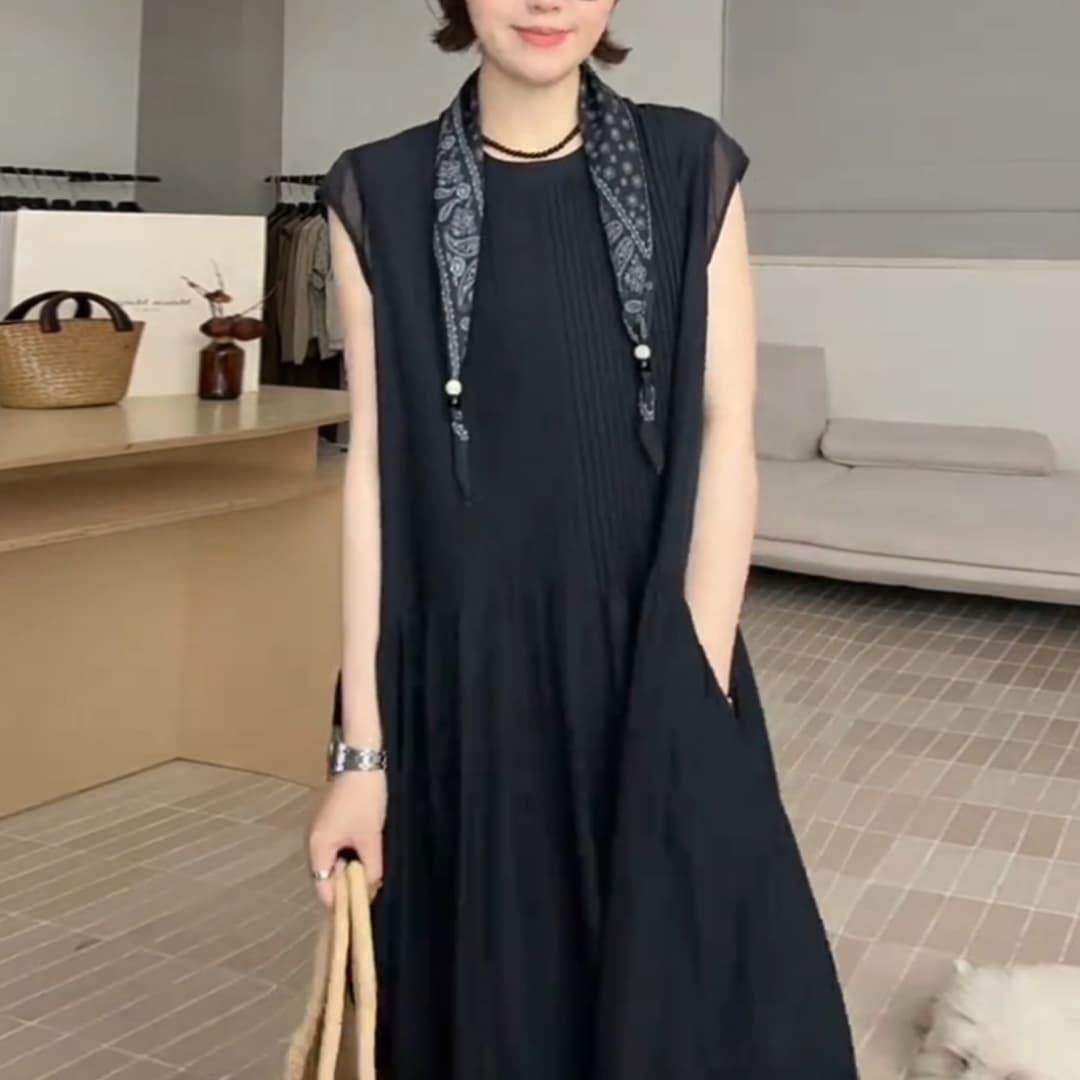경관 그림 여름 새로운 망할 음악 주름 패치워크 커프스 우아함 품격 민소매 드레스 라운드 넥 슬림해 보이는 롱 스커트 이미지 4