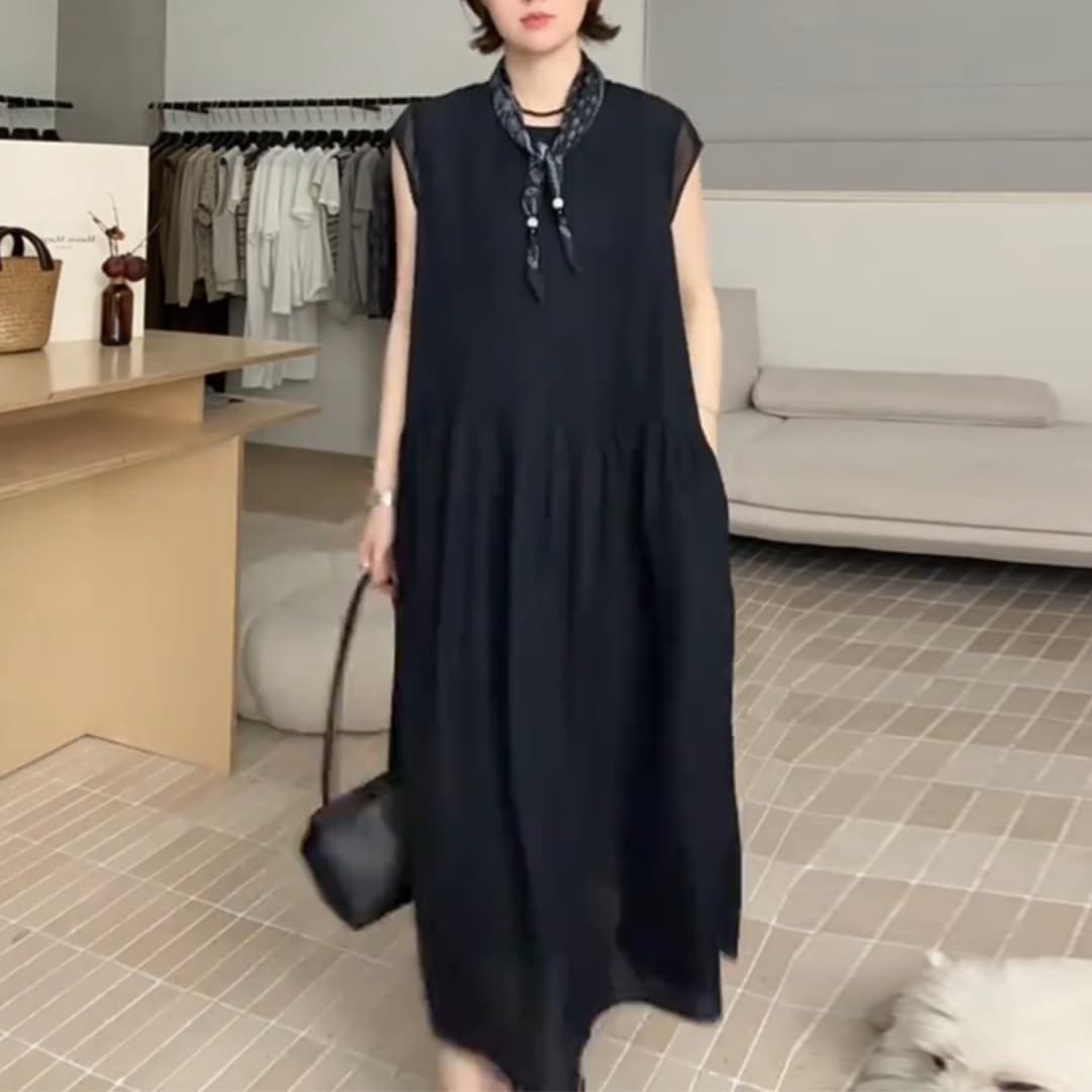 경관 그림 여름 새로운 망할 음악 주름 패치워크 커프스 우아함 품격 민소매 드레스 라운드 넥 슬림해 보이는 롱 스커트 이미지 6