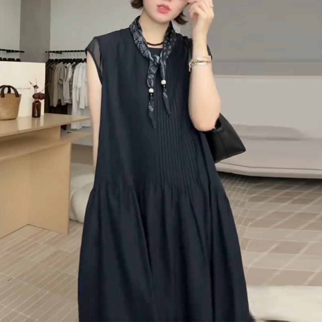 경관 그림 여름 새로운 망할 음악 주름 패치워크 커프스 우아함 품격 민소매 드레스 라운드 넥 슬림해 보이는 롱 스커트 상세 이미지 4