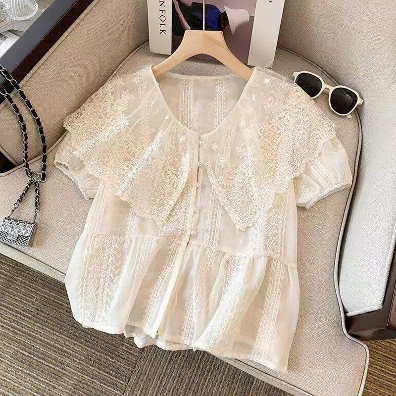 프랑스식 레이스 자수 베이비 칼라 패치워크 면 여성 셔츠 여름 프릴 자수 반팔 셔츠 마이크로 ~을 통해 의류 이미지 2