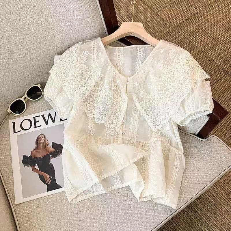 프랑스식 레이스 자수 베이비 칼라 패치워크 면 여성 셔츠 여름 프릴 자수 반팔 셔츠 마이크로 ~을 통해 의류 상세 이미지 4