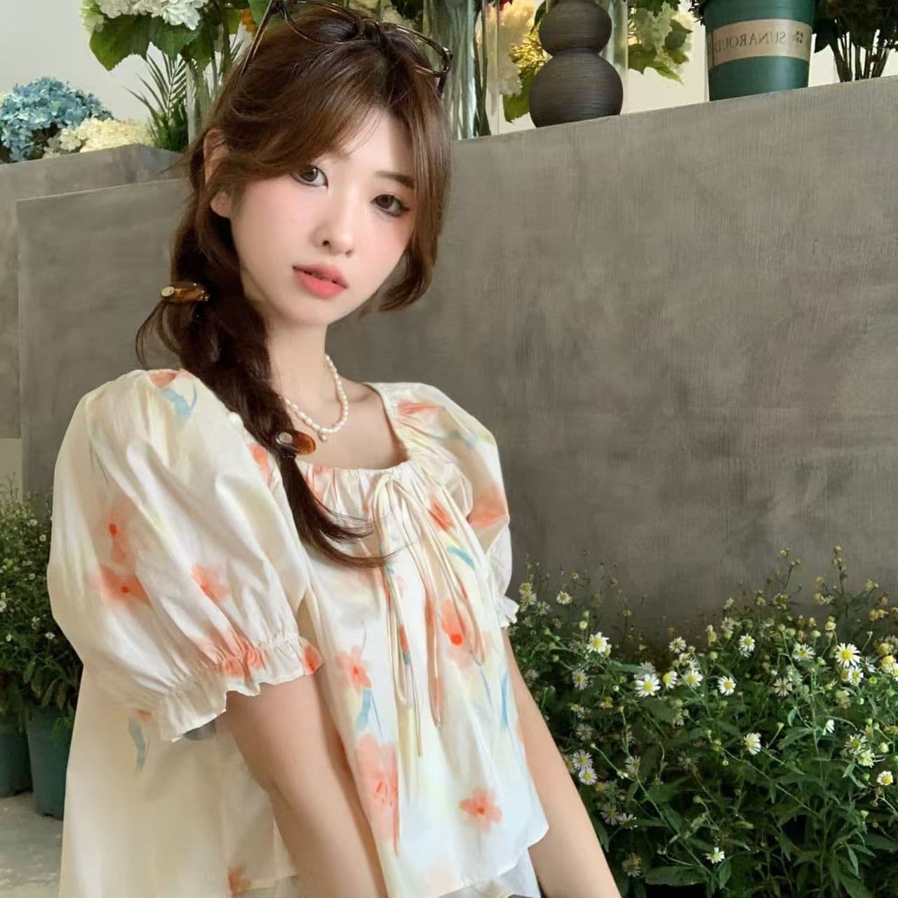 프랑스식 빅 사이즈 달콤함 꽃무늬 광장 칼라 쉬폰 블라우스 여름 반팔 셔츠 맨위 디스플레이 화이트 표지 작은 배꼽 트렌디 상세 이미지 3
