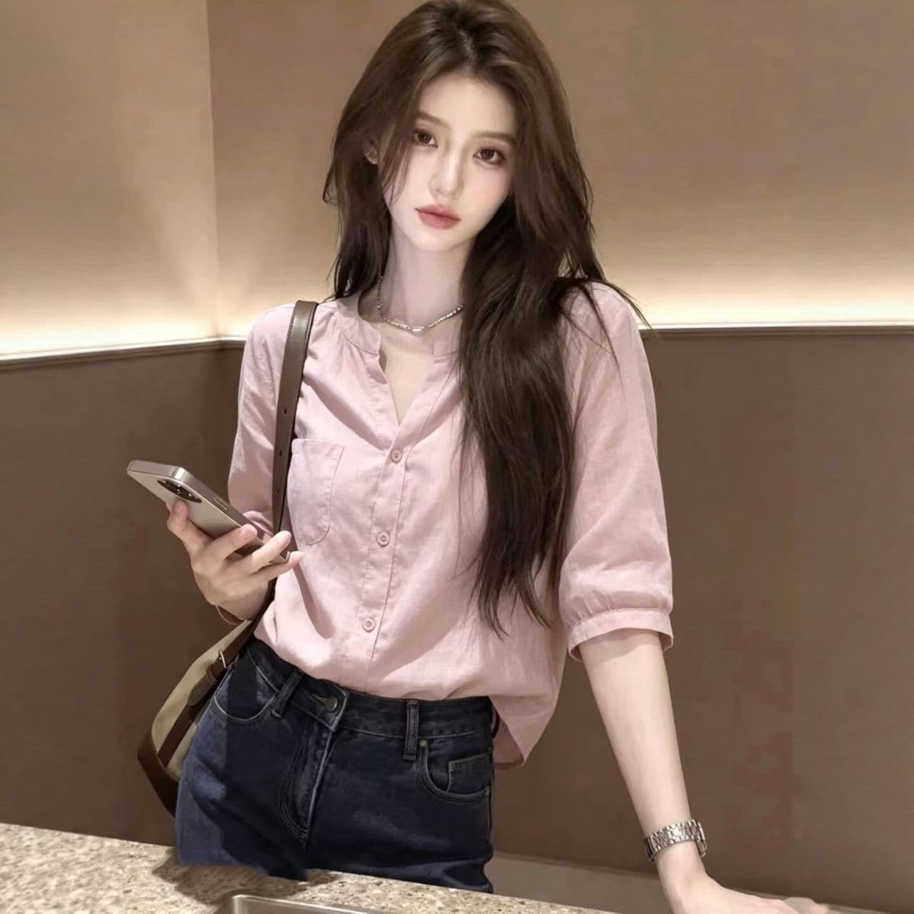 한 부서 착용 가져 가라. 슈퍼 화재 연령 감소 핑크색 중간 소매 얇은 스타일 여성 셔츠 여름 고급 센스 루즈핏 셔츠 다용도 맨위 이미지 2