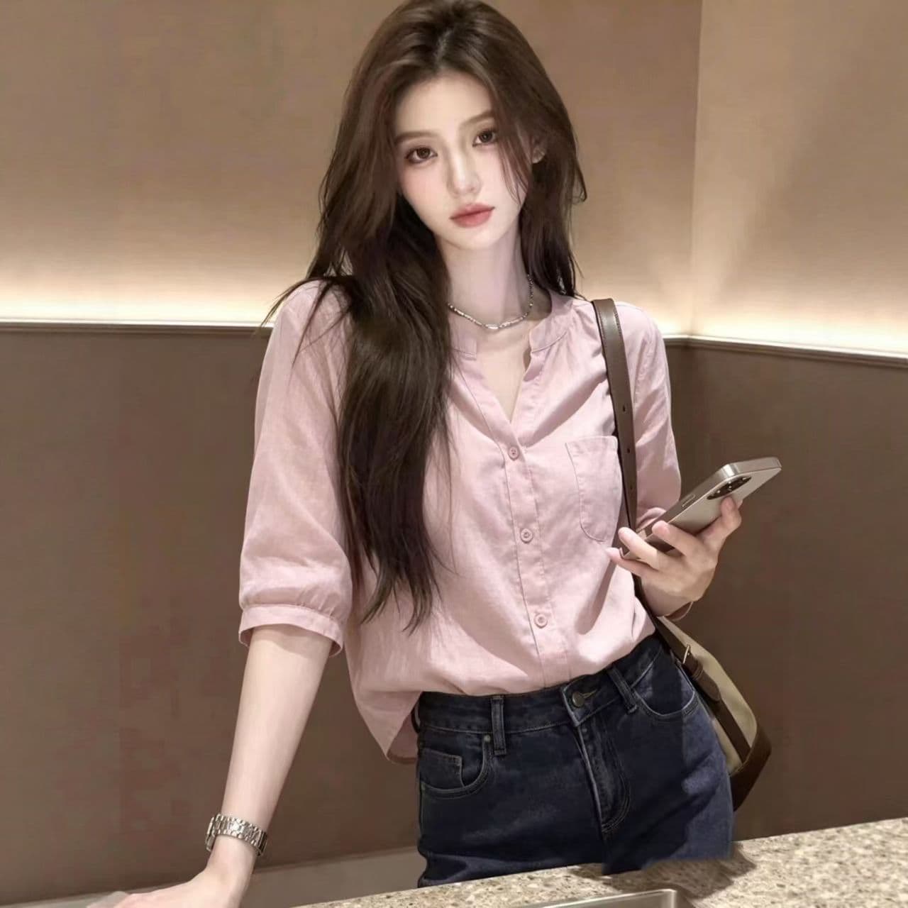 한 부서 착용 가져 가라. 슈퍼 화재 연령 감소 핑크색 중간 소매 얇은 스타일 여성 셔츠 여름 고급 센스 루즈핏 셔츠 다용도 맨위 상세 이미지 3