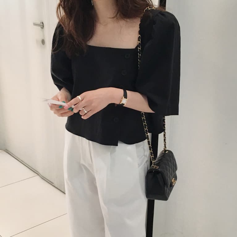 한국 chic 미니멀리즘 광장 칼라 측면 단추 쇼트 스타일 거품 소매 셔츠 한국 스타일 새로운 이미지 3