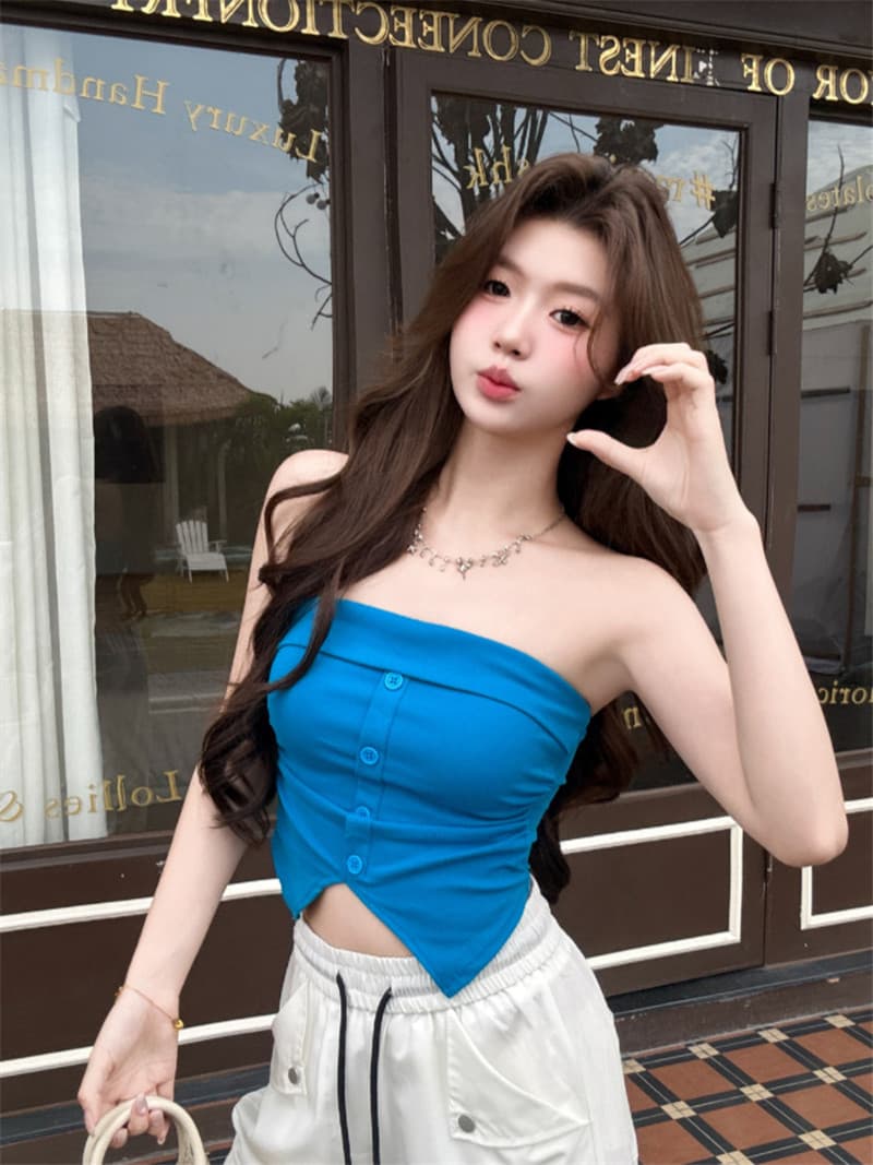 이른 봄 핫걸 튜브탑 싱글 줄 버튼 주름 캐미솔 한 부서 ins 트임 벨트 가슴 패드 허리 수축 짧은 맨위 상세 이미지 4