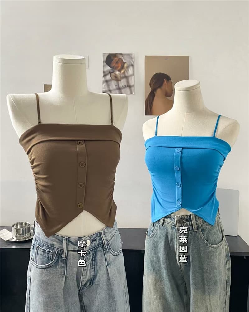 이른 봄 핫걸 튜브탑 싱글 줄 버튼 주름 캐미솔 한 부서 ins 트임 벨트 가슴 패드 허리 수축 짧은 맨위 상세 이미지 16