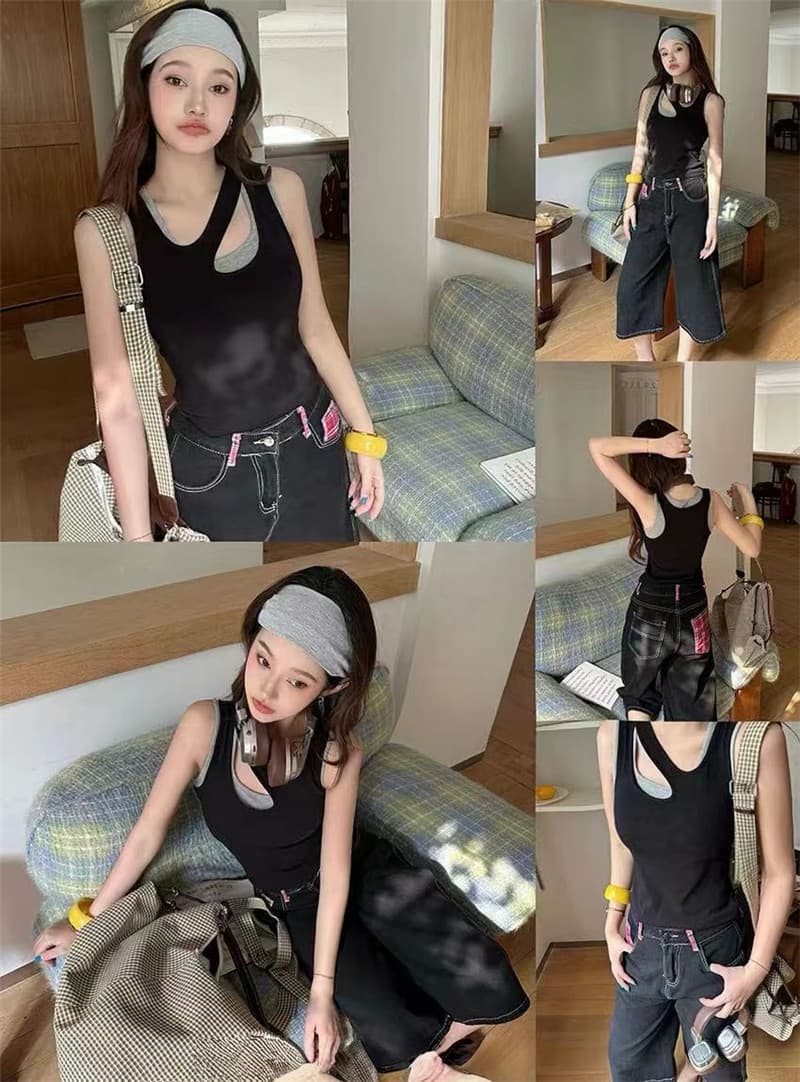 페이크 레이어드 배색 디자인 센스 조끼 작은 슬링 여성 인사이드 가져 가라. 아름다움 뒤로 운동 속옷 핫걸 민소매 만나는 맨위 상세 이미지 7