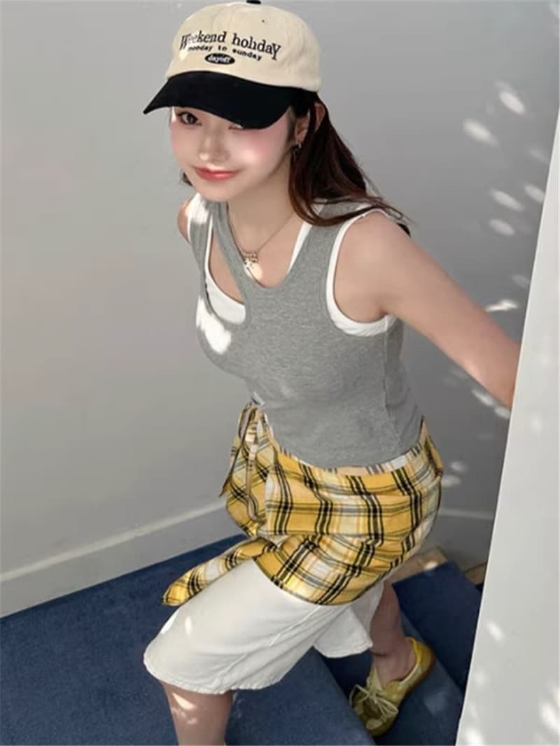 페이크 레이어드 배색 디자인 센스 조끼 작은 슬링 여성 인사이드 가져 가라. 아름다움 뒤로 운동 속옷 핫걸 민소매 만나는 맨위 상세 이미지 18
