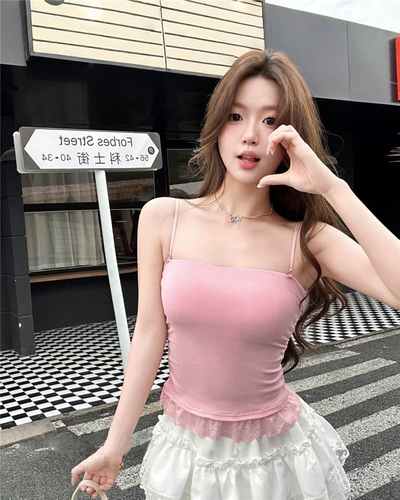 봄 여름 새로운 튜브탑 여성 여름 작은 대중 슬립 레이스 레이스 밑단 맨위 아름다움 뒤로 민소매 만나는 조끼 상세 이미지 9