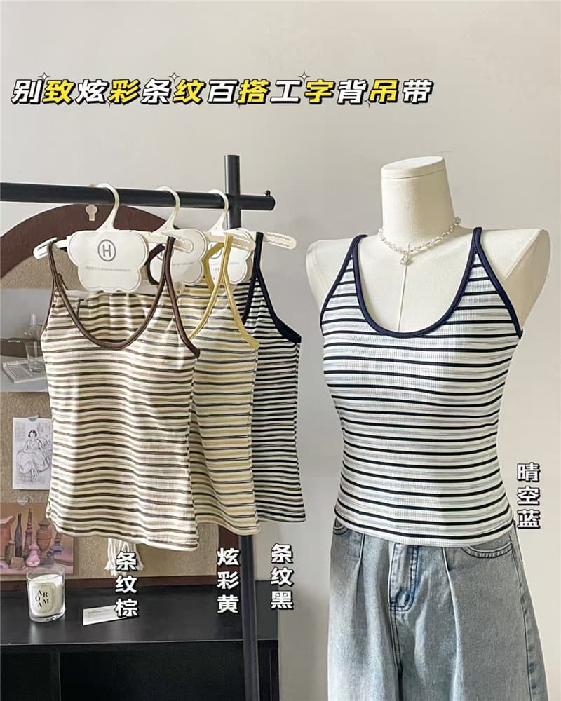 봄 여름 한국 스타일 새로운 부티크 조끼 Chic 현 색상 스트라이프 다용도 단어 뒤로 캐미솔 외출용 아름다움 뒤로 이미지 3