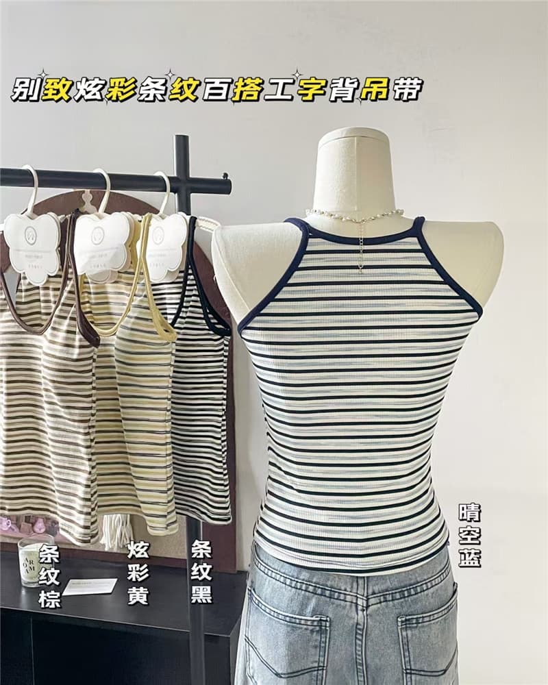 봄 여름 한국 스타일 새로운 부티크 조끼 Chic 현 색상 스트라이프 다용도 단어 뒤로 캐미솔 외출용 아름다움 뒤로 상세 이미지 7