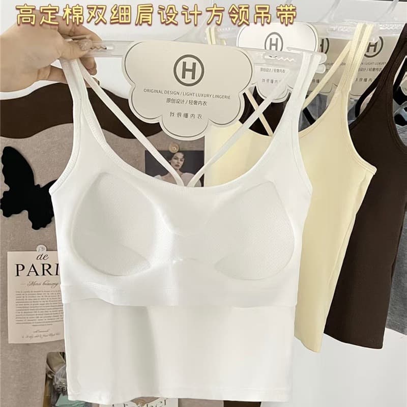 봄 여름 새로운 미니멀리즘 높음 세트 면 더블 좋은 어깨 디자인 광장 칼라 슬립 원피스 고정 컵 가슴 패드 아름다움 뒤로 조끼 이미지 5