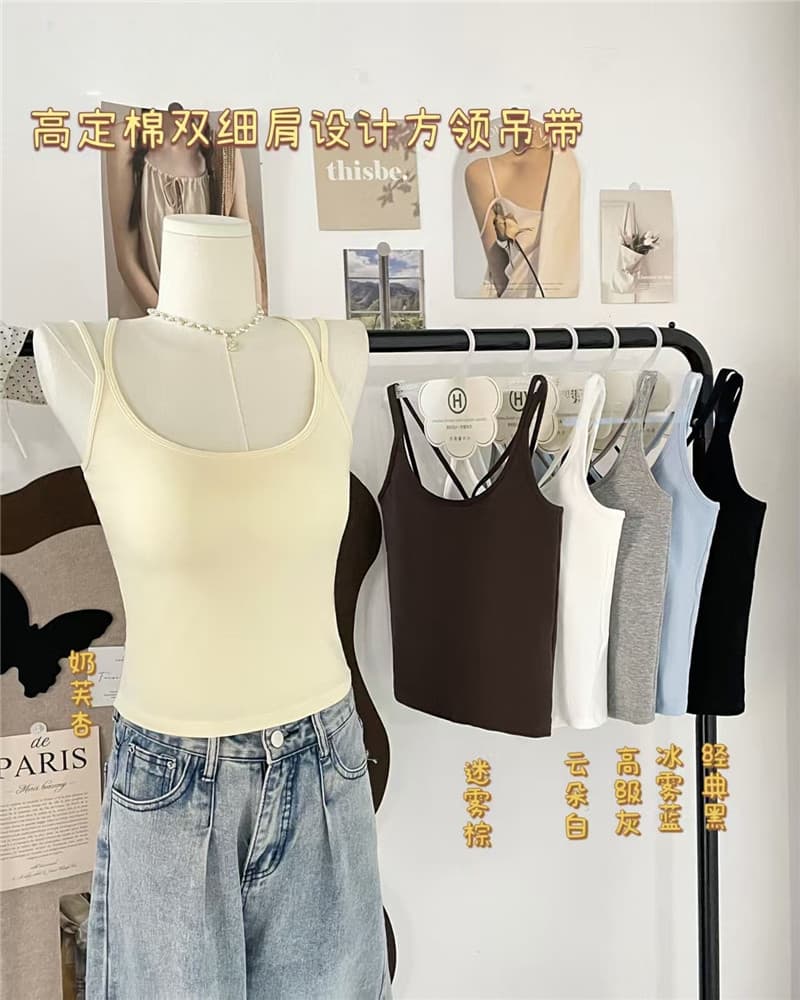 봄 여름 새로운 미니멀리즘 높음 세트 면 더블 좋은 어깨 디자인 광장 칼라 슬립 원피스 고정 컵 가슴 패드 아름다움 뒤로 조끼 상세 이미지 12