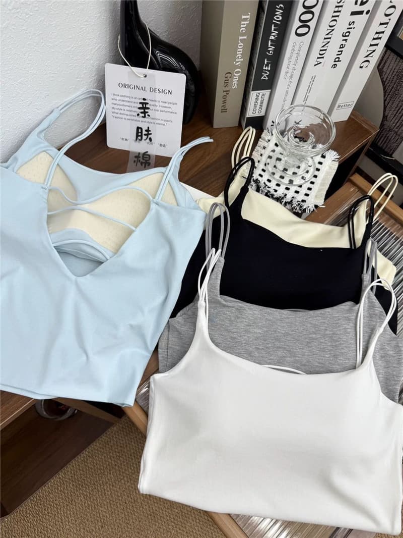 봄 여름 새로운 한국 스타일 프로 피부 면 아름다움 뒤로 캐미솔 벨트 가슴 패드 무료 착용 브래지어 더블 어깨끈 인사이드 잡아라. 의류 상세 이미지 5