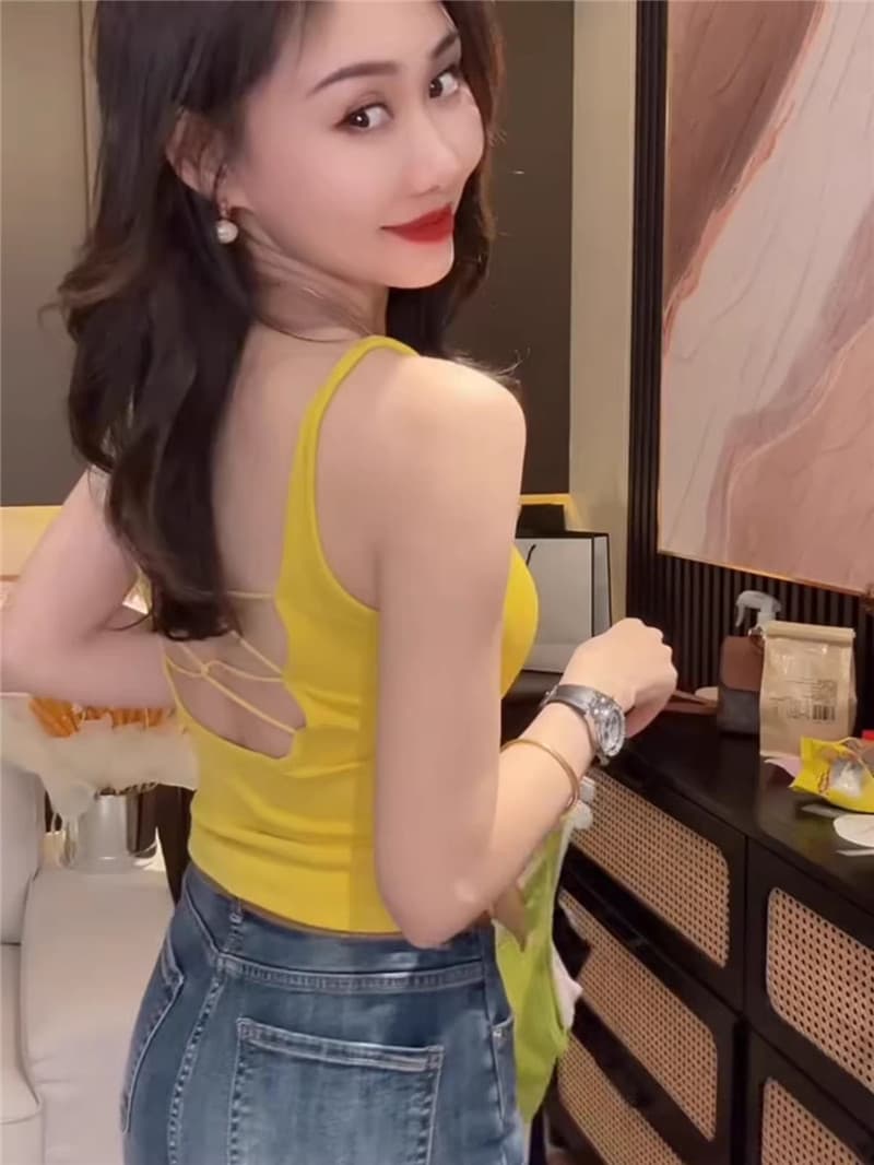 봄 여름 새로운 한국 스타일 여성 사탕 색상 섹시함 십자가 벨트 홀로우 아웃 하나 컵 u 칼라 슬립 아름다움 뒤로 기본 셔츠 상세 이미지 5