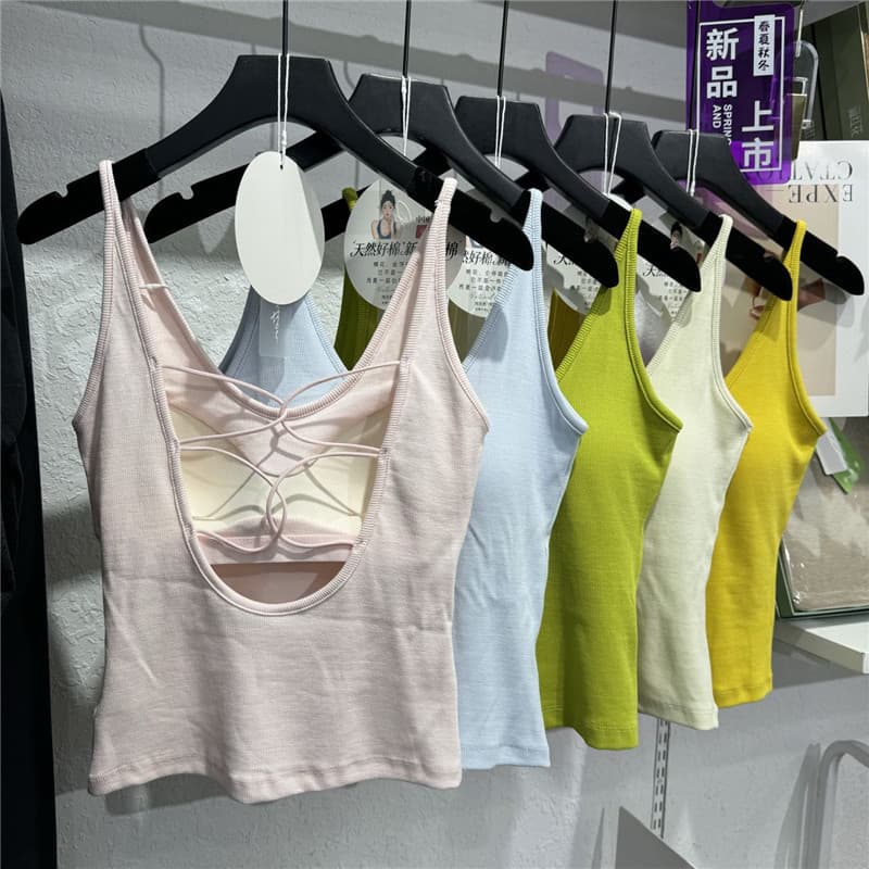 봄 여름 새로운 한국 스타일 여성 사탕 색상 섹시함 십자가 벨트 홀로우 아웃 하나 컵 u 칼라 슬립 아름다움 뒤로 기본 셔츠 상세 이미지 32