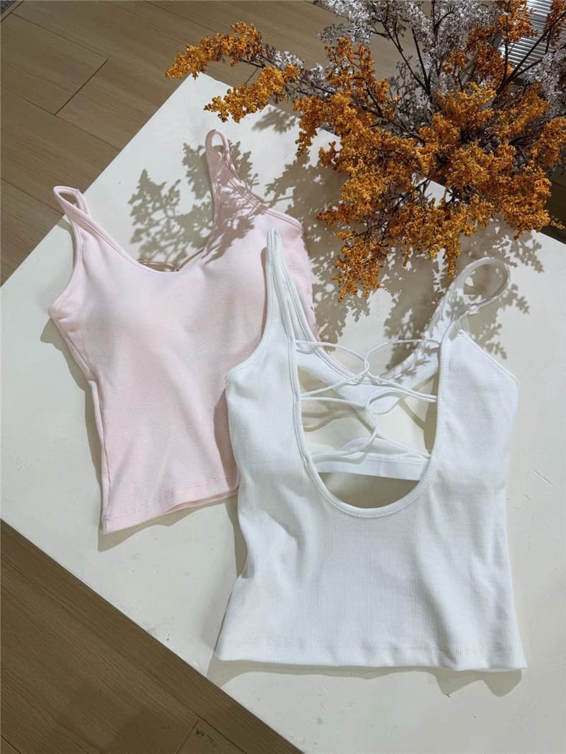 봄 여름 새로운 한국 스타일 여성 사탕 색상 섹시함 십자가 벨트 홀로우 아웃 하나 컵 u 칼라 슬립 아름다움 뒤로 기본 셔츠 상세 이미지 40