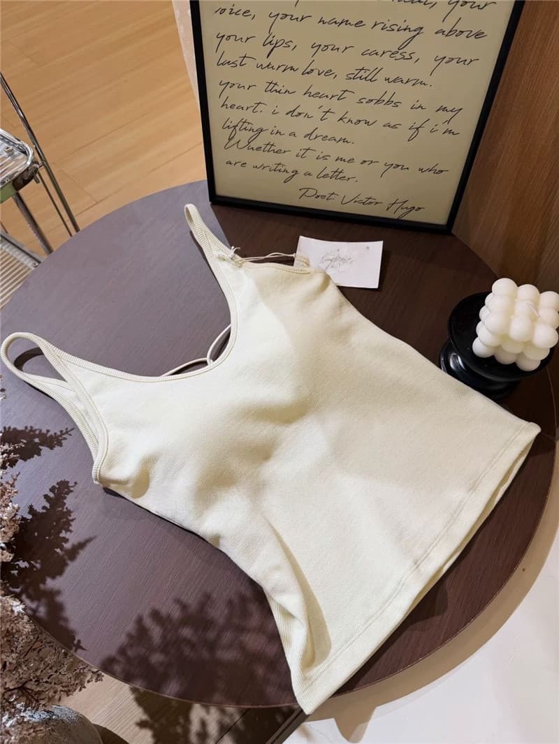 봄 여름 새로운 한국 스타일 여성 사탕 색상 섹시함 십자가 벨트 홀로우 아웃 하나 컵 u 칼라 슬립 아름다움 뒤로 기본 셔츠 상세 이미지 42