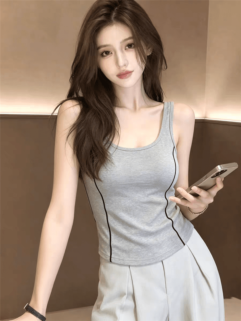 여름 고유 한 꼬집기 허리 몸매 가꾸기 벨트 가슴 패드 캐미솔 외출용 디자인 센스 작은 대중 아메리칸 달콤한 핫걸 맨위 이미지 4