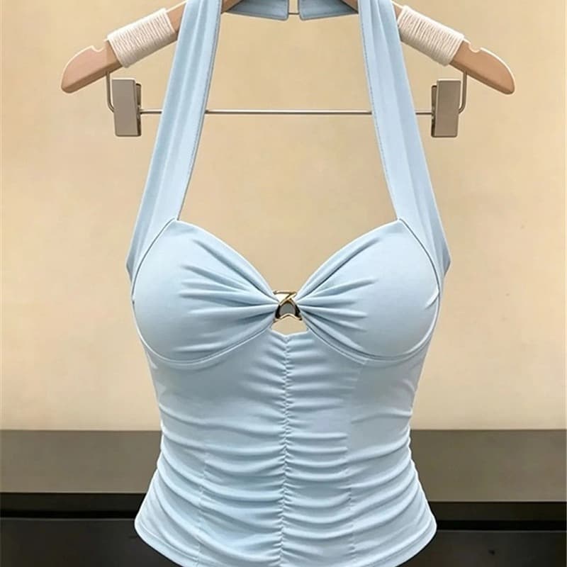 순수한 욕망 바람 핫걸 섹시함 행침 목 캐미솔 여름 새로운 패션 품격 주름 몸매 가꾸기 백리스 맨위 이미지 5