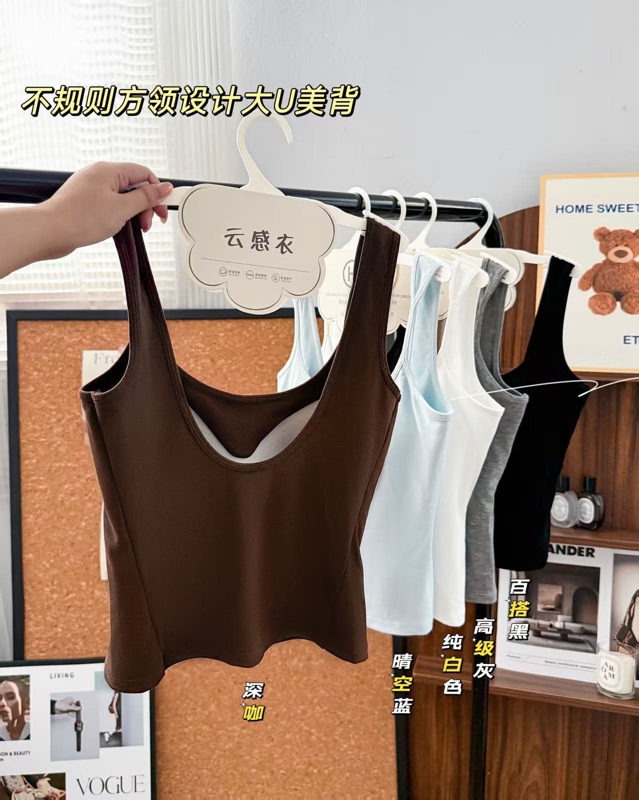 이른 가을 신제품 높음 폭탄 면 슬립 불규칙 광장 칼라 디자인 대 u 아름다움 뒤로 원피스 가슴 패드 고정 컵 이미지 3