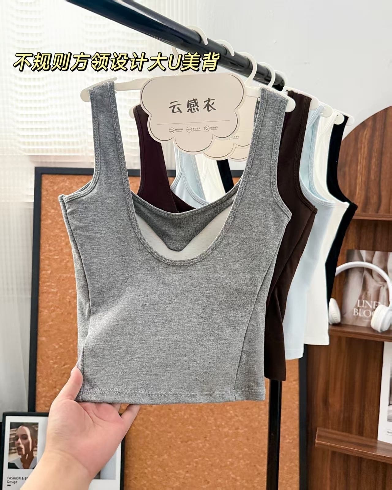 이른 가을 신제품 높음 폭탄 면 슬립 불규칙 광장 칼라 디자인 대 u 아름다움 뒤로 원피스 가슴 패드 고정 컵 상세 이미지 8