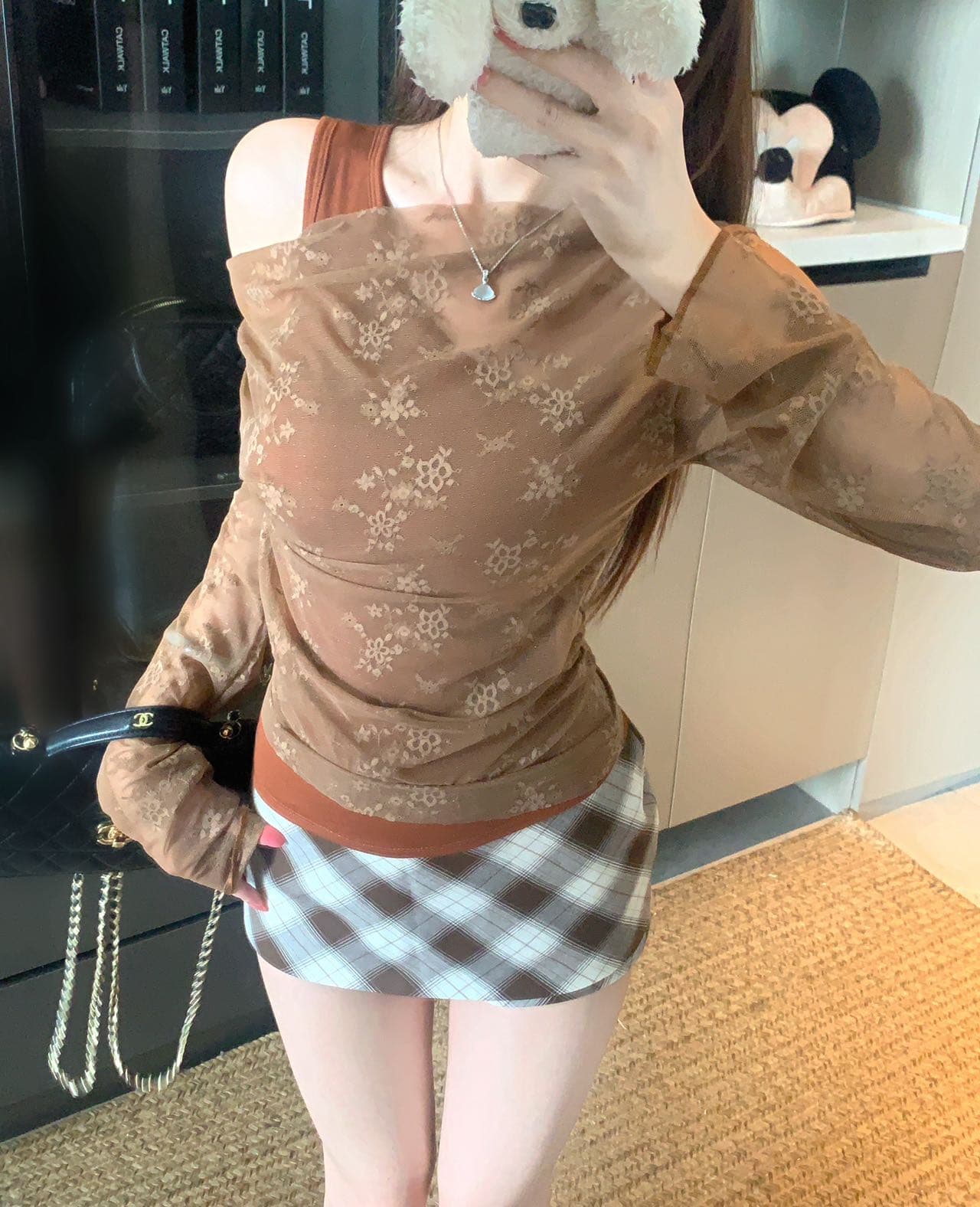 이른 가을 레이스 조각 페이크 레이어드 비스듬한 어깨 태양 보호 셔츠 나만의 것을 가져와 라. 가슴 패드 원피스 무료 착용 bra 레이스 자외선 차단 의류 이미지 3