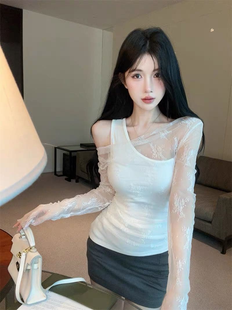 이른 가을 레이스 조각 페이크 레이어드 비스듬한 어깨 태양 보호 셔츠 나만의 것을 가져와 라. 가슴 패드 원피스 무료 착용 bra 레이스 자외선 차단 의류 상세 이미지 10
